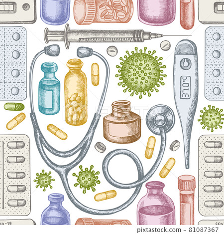 Seamless pattern with hand drawn pastel vial of blood, pills and medicines, medical thermometer 81087367