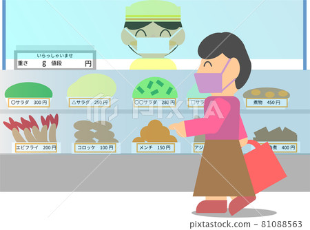 在百貨公司地下室的配菜區購物的顧客和店員,那里安裝了防濺板以防止感染。 在百貨公司地下室的配菜區購物的顧客和店員,那里安裝了防濺板以防止感染。 81088563