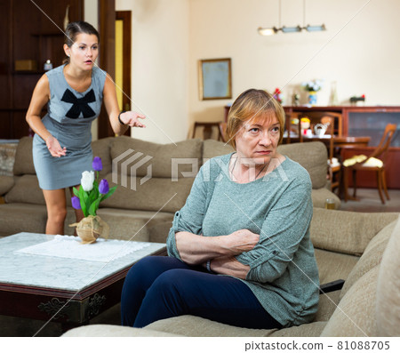 Elderly mother and adult daughter scandal in domestic interior Elderly mother and adult daughter scandal in domestic interior 81088705