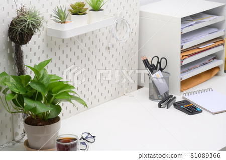 Home office desk with houseplant and supplies on white table. Home office desk with houseplant and supplies on white table. 81089366