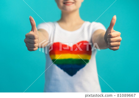 pride month lgbt approval woman rainbow heart flag pride month lgbt approval woman rainbow heart flag 81089667