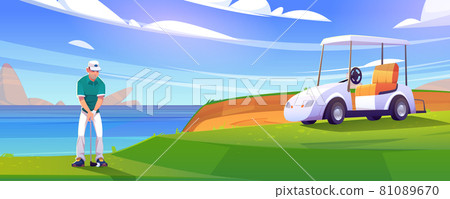 Golf course on lake shore with man and cart 81089670
