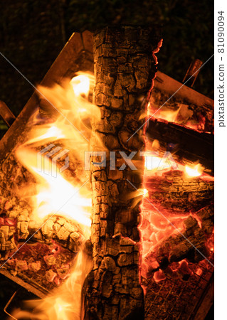 Bonfire burning flame firewood at the camp 81090094