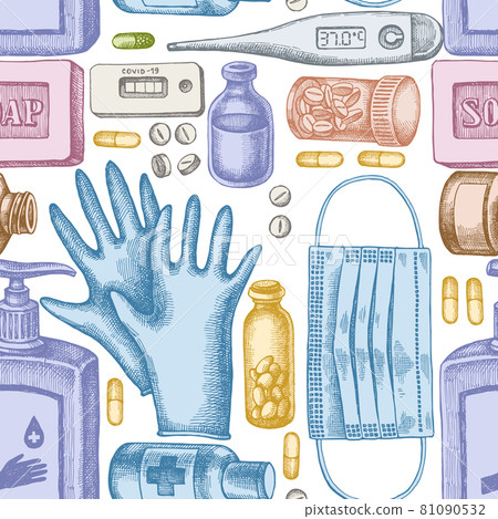Seamless pattern with hand drawn pastel pills and medicines, medical face mask, sanitizer bottles Seamless pattern with hand drawn pastel pills and medicines, medical face mask, sanitizer bottles 81090532