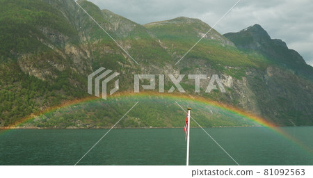 Sunnylvsfjorden, Norway. Colorful Rainbow Above Sunnylvsfjorden Spring Landscape. View From Floating Touristic Ship Ferry Boat In Summer Day. Famous Norwegian Landmark And Popular Destination 81092563