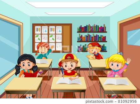 Scene with many kids studying in the classroom Scene with many kids studying in the classroom 81092956