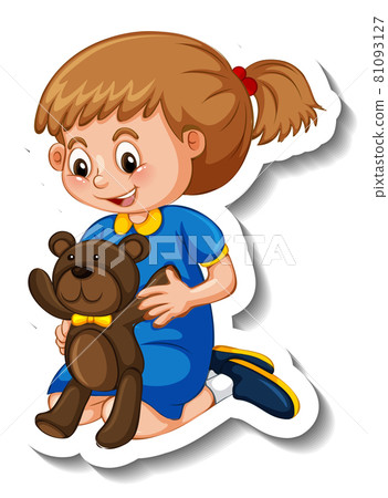 Sticker template with a girl playing with her teddy bear isolated Sticker template with a girl playing with her teddy bear isolated 81093127
