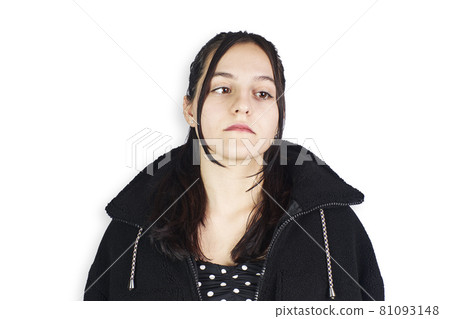 Hispanic teenage woman wearing black sheep jacket on white background. Fashion concept 81093148