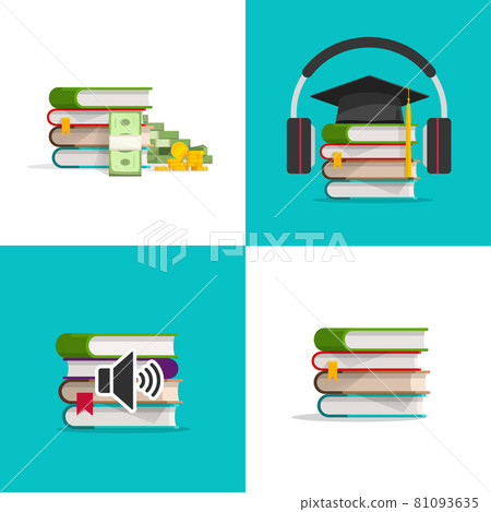 Set of books icons as concept of knowledge investment, audio textbook learning, education or study benefit, idea of cash savings to be wisdom flat cartoon vector illustration Set of books icons as concept of knowledge investment, audio textbook learning, education or study benefit, idea of cash savings to be wisdom flat cartoon vector illustration 81093635