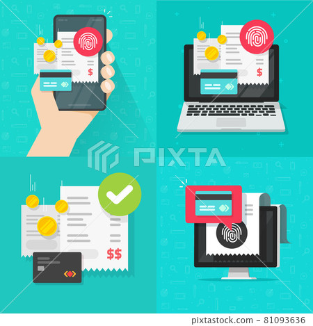 Online digital payment set with touch id technology and credit bank card with invoice receipt on screen vector flat cartoon illustration, web internet pay tech on cell phone and computer icon Online digital payment set with touch id technology and credit bank card with invoice receipt on screen vector flat cartoon illustration, web internet pay tech on cell phone and computer icon 81093636