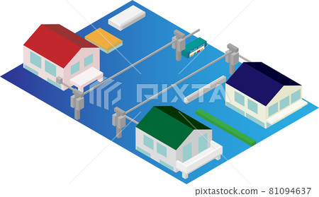 Residential area damaged by isometric floods 81094637