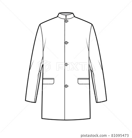 Nehru jacket technical fashion illustration with oversized, stand collar, flap pockets, oversized, long sleeves coat Nehru jacket technical fashion illustration with oversized, stand collar, flap pockets, oversized, long sleeves coat 81095473
