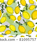 Seamless pattern with linear drawn yellow lemons on green and white background 81095757