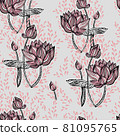 Seamless linear pattern with lotuses and pink drops on grey background 81095765