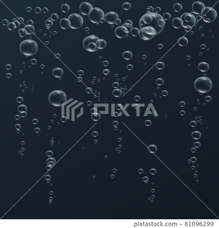 Transparent fizzy bubbles. Sparkles champagne. Fizzy pop and effervescent drink. Abstract fresh soda and air bubbles, oxygen, champagne crystal. Vector illustration on black background. 81096299