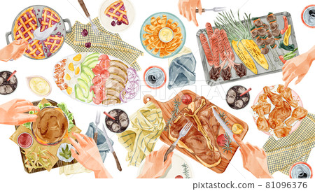Home party hand-painted watercolor-style illustrations with American dishes 81096376