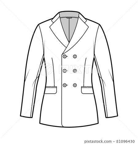 Fitted jacket suit technical fashion illustration with double breasted, notched lapel collar, flap pockets, hip length Fitted jacket suit technical fashion illustration with double breasted, notched lapel collar, flap pockets, hip length 81096430