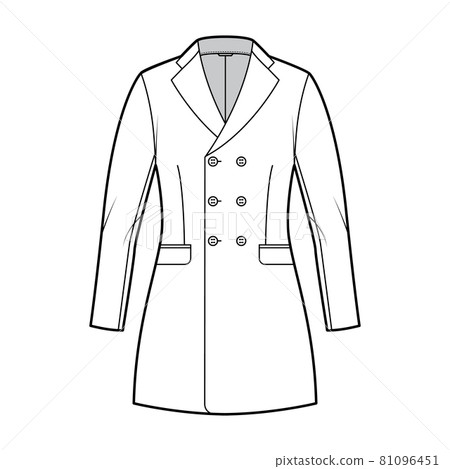 Fitted jacket double breasted suit technical fashion illustration with long sleeves, notched collar, fingertip length 81096451