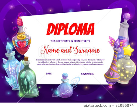 Kid education diploma template with magic potions Kid education diploma template with magic potions 81096874