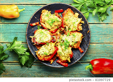 Bell peppers stuffed with meat and rice,top view Bell peppers stuffed with meat and rice,top view 81097729