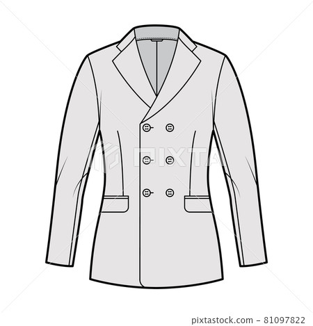 Fitted jacket suit technical fashion illustration with double breasted, notched lapel collar, flap pockets, hip length 81097822