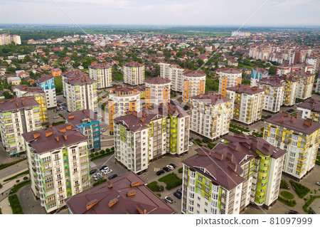 Aerial view of city residential area with high apartment buildings. Aerial view of city residential area with high apartment buildings. 81097999