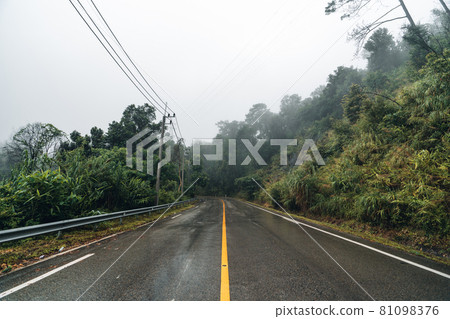 Mountain road in rainy and foggy day Mountain road in rainy and foggy day 81098376