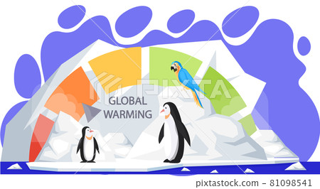 Polar penguins and parrot on background of scale with indicator of global warming, climate change 81098541