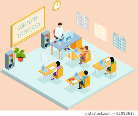 School education isometric with teacher and pupil at computer technology lesson. Learning process in classroom School education isometric with teacher and pupil at computer technology lesson. Learning process in classroom 81098615