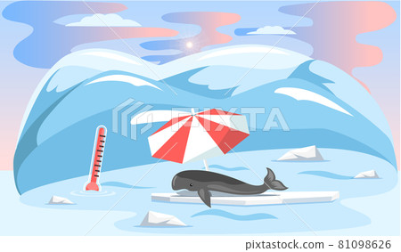 Whale suffers from heat, global warming. Animal lies under umbrella and escape from climate change Whale suffers from heat, global warming. Animal lies under umbrella and escape from climate change 81098626