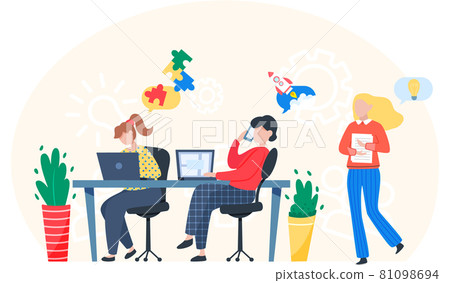 Teamwork with computers in office, online meetup, digital business classroom, startup development 81098694