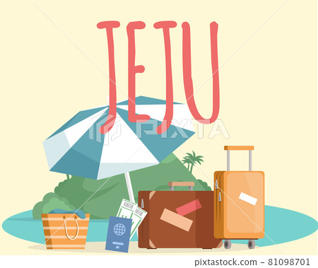 Adventure to Jeju island. Inscription with invitation to island with luggage and beach accessories Adventure to Jeju island. Inscription with invitation to island with luggage and beach accessories 81098701