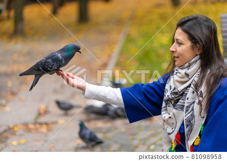 The person is holding a dove on the hand. Feeds pigeons in the park. Tame a pigeon 81098958