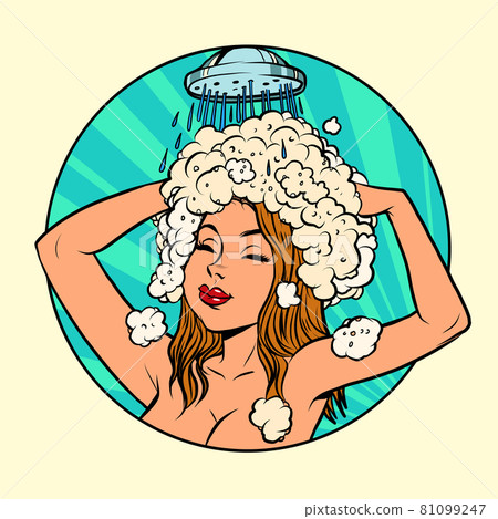 beautiful young woman washes her hair with shampoo in the shower, hygiene and cleanliness beautiful young woman washes her hair with shampoo in the shower, hygiene and cleanliness 81099247
