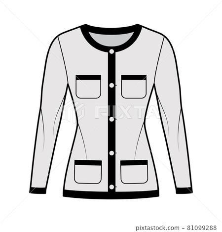 Blazer Jacket like Chanel suit technical fashion illustration with long sleeves, patch pockets, fitted, button closure Blazer Jacket like Chanel suit technical fashion illustration with long sleeves, patch pockets, fitted, button closure 81099288