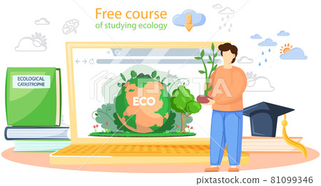 Free course of studying ecology vector banner. Ecologist scientist taking care of nature and learns 81099346