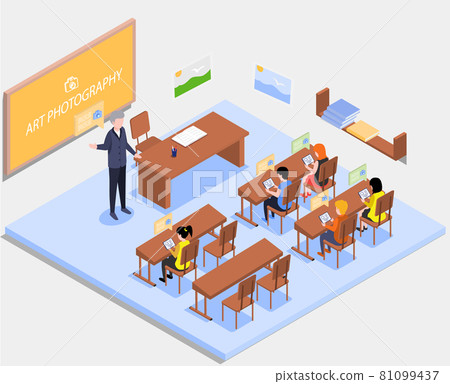 School lesson art photography. Pupils studying and working on tablet pc in modern classroom 81099437