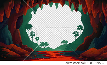Jungle vector landscape. Cave landscape with an underground red river and forest. Vector illustration in flat cartoon style Jungle vector landscape. Cave landscape with an underground red river and forest. Vector illustration in flat cartoon style 81099532
