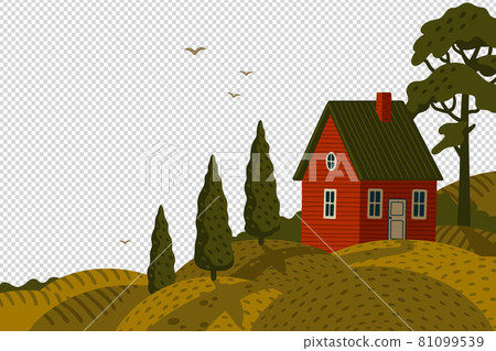 Red farm house. Rural landscape with Barn house in rustic style on green field with cypresses Red farm house. Rural landscape with Barn house in rustic style on green field with cypresses 81099539