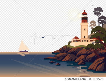 Lighthouse vector landscape. Beautiful sea landscape with a beacon on the cliff on transparent background. Vector illustration in flat cartoon style Lighthouse vector landscape. Beautiful sea landscape with a beacon on the cliff on transparent background. Vector illustration in flat cartoon style 81099578