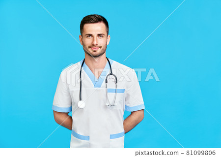 Portrait of confident smiling male doctor with stethoscope in medical uniform with copy Portrait of confident smiling male doctor with stethoscope in medical uniform with copy 81099806
