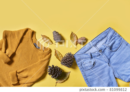 Baby autumn wear clothes on yellow background. Top view. Overhead view of warm kid autumn clothes on colored backdrop Baby autumn wear clothes on yellow background. Top view. Overhead view of warm kid autumn clothes on colored backdrop 81099812
