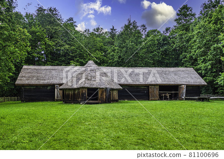 Old Wooden Barn on Grass Against Trees and Blue Sky 81100696