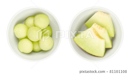 Galia melon slices and balls, in white bowls. Freshly cut out spheres and triangular shaped pieces of the ripe fruit Cucumis melo var. reticulatus. Sweet and aromatic hybrid melon also known as sarda. Galia melon slices and balls, in white bowls. Freshly cut out spheres and triangular shaped pieces of the ripe fruit Cucumis melo var. reticulatus. Sweet and aromatic hybrid melon also known as sarda. 81101108