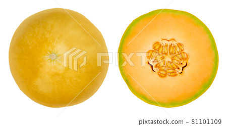 Honey Cantaloupe melon halves, isolated from above. Fresh and ripe fruit of a hybrid melon of the species Cucumis melo, a sweet, aromatic melon with orange fruit flesh and a smooth yellow rind. Photo. 81101109