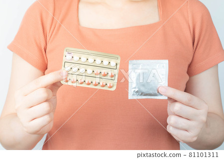 Birth control options. Woman hands holding condom package and oral hormonal contraceptive pills blister for prevent pregnancy. Family planning, sexual and reproductive health concept. Birth control options. Woman hands holding condom package and oral hormonal contraceptive pills blister for prevent pregnancy. Family planning, sexual and reproductive health concept. 81101311