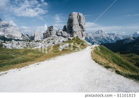 Hiking trail around Cinque Torri Dolomites on summer day. Italy Hiking trail around Cinque Torri Dolomites on summer day. Italy 81101815