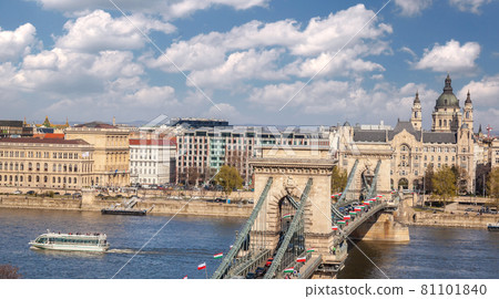 Badapest and famous chain bridge over Danube river with tourist boat in Hungary Badapest and famous chain bridge over Danube river with tourist boat in Hungary 81101840