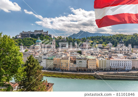 Panorama of Salzburg with Festung Hohensalzburg  during summer time, Salzburg, Austria 81101846
