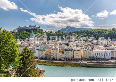 Panorama of Salzburg with Festung Hohensalzburg  during summer time, Salzburg, Austria 81101847